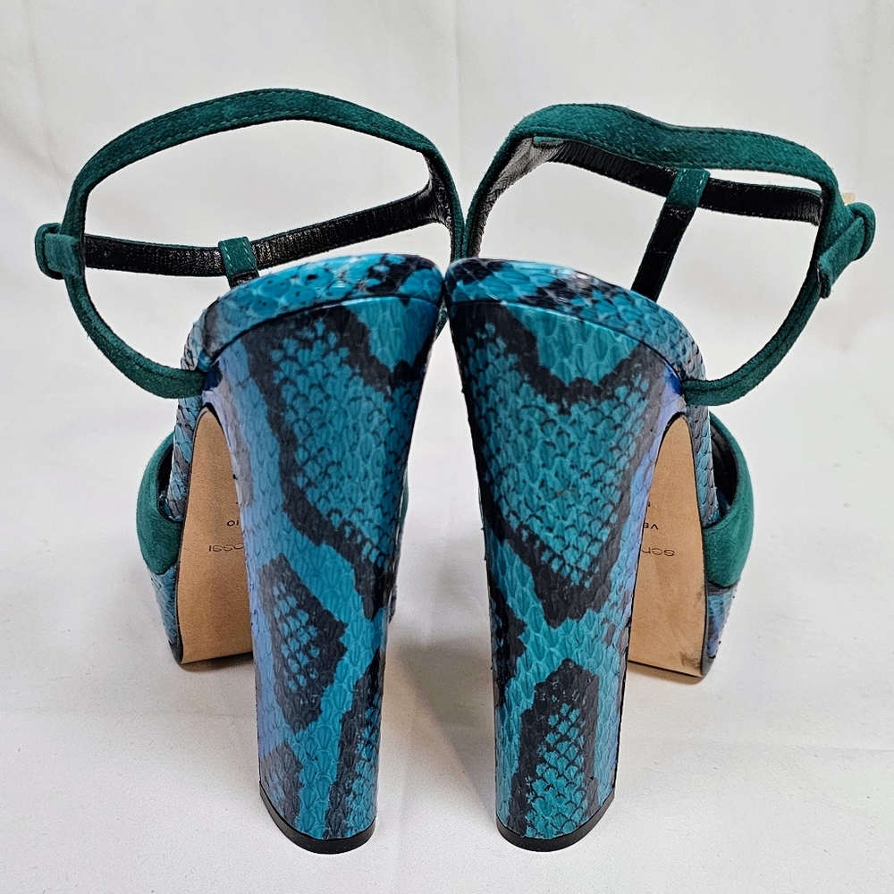 Sergio Rossi Elaphe Blue/Green Suede and Python Leather Platform Size US 5.5 - Picture 8 of 16